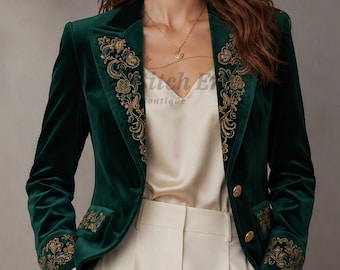 Blazer de terciopelo verde bordado para mujer, chaqueta de lujo, blazer sastre de inspiración vintage.