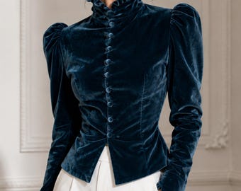 Chaqueta victoriana de terciopelo azul marino, blazer de cuello alto con mangas abullonadas, abrigo formal gótico.
