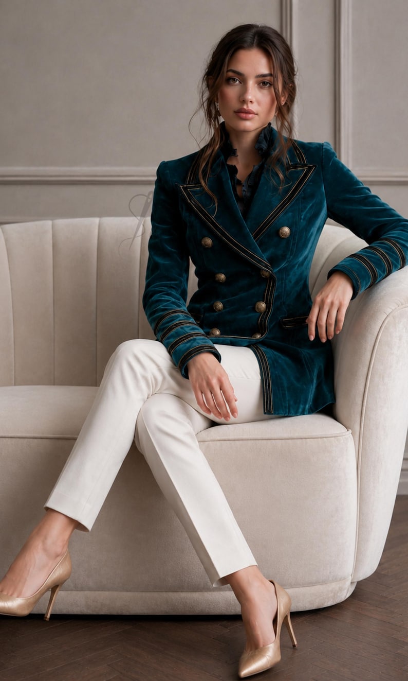 Puede incluir: Un blazer cruzado de terciopelo color verde azulado con botones dorados, ribetes negros en las solapas y pu&ntilde;os, combinado con pantalones blancos ajustados y zapatos de tac&oacute;n alto en color dorado metalizado. El blazer tiene un corte estructurado.