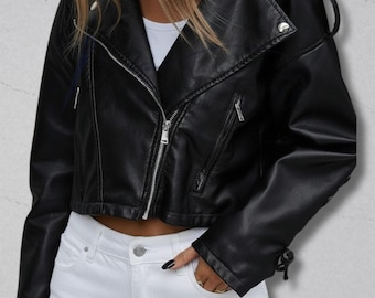 Handmade Cropped Leather Moto Jacket With Straps | Edgy Streetwear Biker Jacket | Women's Fashion Outerwear