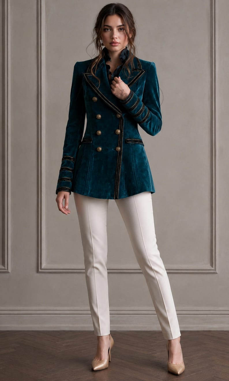 Puede incluir: Un blazer cruzado de terciopelo color verde azulado con ribetes negros, botones dorados y hombros estructurados, combinado con pantalones color crema de corte ajustado y tacones de punta. El blazer tiene mangas largas con bandas negras.