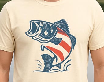 American Flag Bass Fishing Shirt - Old Glory Fish Graphic, Patriotic Fisherman Gift, Freedom Angler USA Tee, Dad Fishing Gift