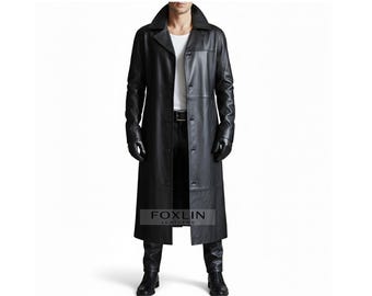 Men’s Real Leather Trench Coat – Long Black Leather Overcoat – Classic Full-Length Coat