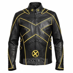 May include: Black leather jacket with yellow detailing, including an 'X' design and accents. It has a stand-up collar and a zip closure. The jacket features the text "FOXLIN LEATHERS" at the bottom. The design is reminiscent of a superhero costume.