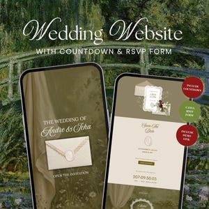 Könnte beinhalten: Zwei Smartphones zeigen eine Hochzeits-Website-Vorlage mit dunkelolivgrünem Hintergrund. Auf den Bildschirmen ist der Text Wedding Website, The Wedding of Andre & Icha, Save The Date und Open The Invitation sowie ein Countdown zu sehen.