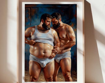 Presión compartida — Impresión artística digital de estilo óleo masculino de dos figuras regordetas en calzoncillos blancos