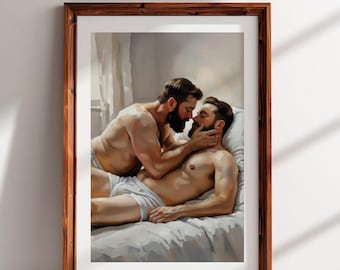 Lámina artística para dormitorio de pareja de osos gay: tierno beso matutino, decoración de pared íntima y queer, descarga digital