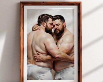 Impresión artística digital de una pareja de musculosos masculinos con un agarre silencioso en ropa interior blanca, estilo óleo.