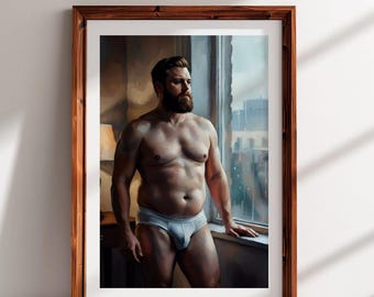 Peso de la ventana — Impresión artística de oso gay en calzoncillos blancos / Pintura digital masculina