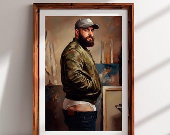 Vistazo de camuflaje: Impresión artística de un oso robusto y masculino en calzoncillos blancos / Pastel de carne queer estilo petróleo