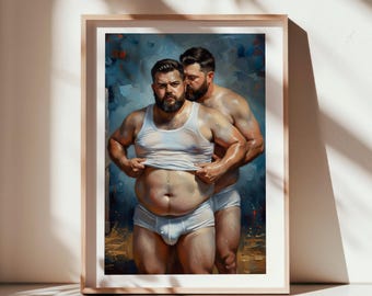 Stacked Weight — Masculine Oil-Style Digital Art Print of Two Chubby Figures in White Briefs