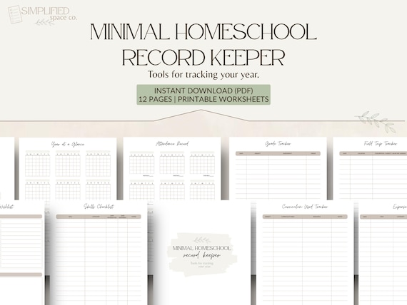 Minimal Homeschool Record Keeper | Printable Homeschool Tracker | Attendance, Curriculum, Expense & Field Trip Logs