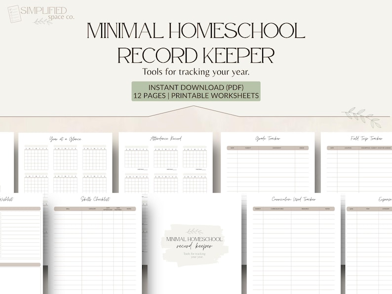 May include: A set of printable homeschool record-keeping worksheets. The title reads "MINIMAL HOMESCHOOL RECORD KEEPER" with the text "Tools for tracking your year." The worksheets include a year-at-a-glance calendar, attendance, goals, and field trip trackers.