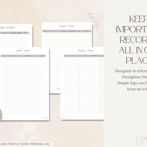 May include: Printable planner pages with headings including "Skills Checklist," "Expense Tracker," and "Reading Tracker." The pages are white with light brown headers and lines. Text on the right reads "Keep Important Records All in One Place."