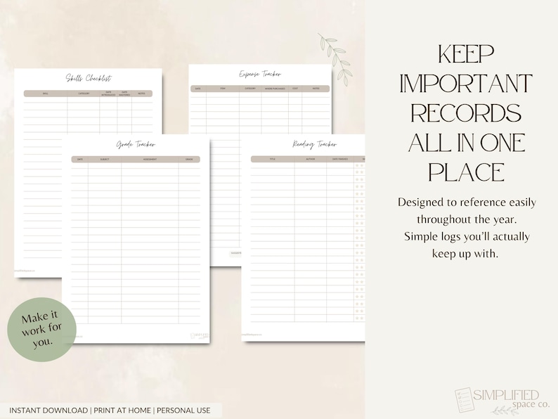 May include: Printable planner pages with headings including "Skills Checklist," "Expense Tracker," and "Reading Tracker." The pages are white with light brown headers and lines. Text on the right reads "Keep Important Records All in One Place."