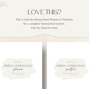 May include: An advertisement for homeschool resources. The image features the text "LOVE THIS?" and promotes a planner and portfolio. Two white cards display "MINIMAL HOMESCHOOL planner" and "MINIMAL HOMESCHOOL portfolio."