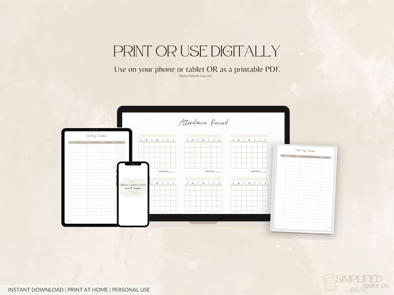 May include: A digital planner displayed on a tablet, phone, laptop, and printed page. The planner includes attendance records and daily task lists. The text reads "Print or Use Digitally" and "Instant Download".