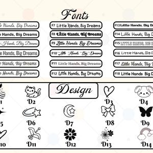 Op de afbeelding: Een afbeelding met lettertype- en ontwerpopties. De sectie "Lettertypen" toont 18 tekststijlen, elk met de zin "Little Hands, Big Dreams". De sectie "Ontwerp" toont 14 kleine zwart-wit illustraties, waaronder een konijn, kat en hart.