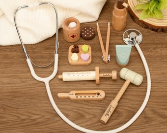 Gepersonaliseerd houten dokterspeelgoed, speelgoedset voor rollenspellen met naamgravure, geïnspireerd op Montessori, kerstcadeau