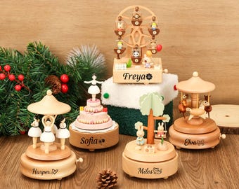 Gepersonaliseerde houten muziekdoos voor kinderen, met naamgravure, ideaal als paascadeau, verjaardagscadeau, kerstcadeau of Halloweencadeau.