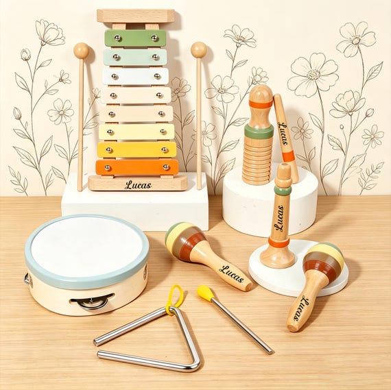 Personalized Wooden Kids Musical Instrument Set 6 Piece Baby Music Toys Early Education Montessori Learning Toy Toddler Rhythm Gift Set