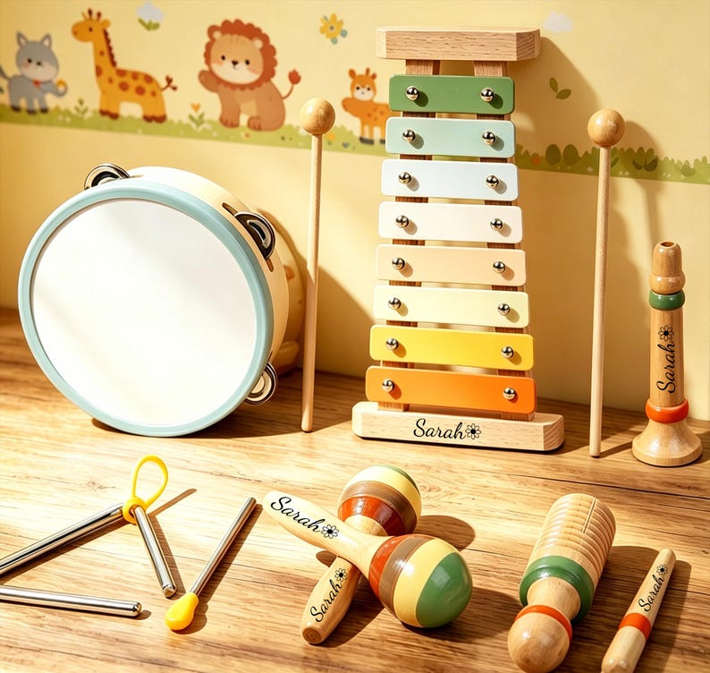 Op de afbeelding: Een verzameling houten muziekinstrumenten, waaronder een tamboerijn, een xylofoon, maracas en een fluit. De xylofoon heeft kleurrijke toetsen en de naam "Sarah" is op de basis gegraveerd. De instrumenten zijn op een houten oppervlak geplaatst.