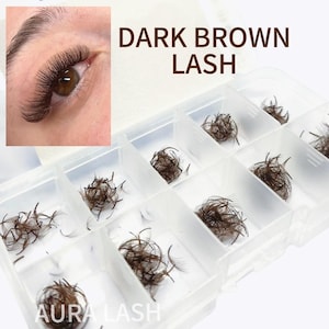 May include: A close-up of an eye with dark brown eyelash extensions. The image also shows a clear plastic organizer filled with individual dark brown lash clusters. Text on the image reads "DARK BROWN LASH" and "AURA LASH".