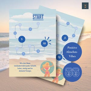 Könnte beinhalten: Zwei hellblaue Karten mit Strandmotiv. Eine Karte hat einen Pfad mit Zahlen und dem Wort "START". Die andere Karte hat den Text "Positive Abnehm-Vibes" und zwei Kettlebells mit der Aufschrift 10 kg und 15 kg.