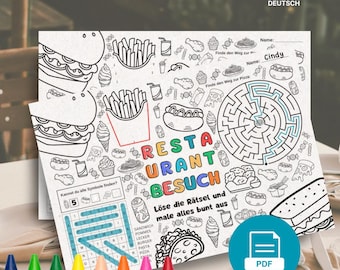 Könnte beinhalten: Eine schwarz-weiße Malvorlage zum Thema Restaurant mit einem Labyrinth, einem Wortsuchrätsel und verschiedenen Essensillustrationen. Der Text enthält "Restaurantbesuch" und "Finde den Weg zur Pizza". Am unteren Rand befinden sich Buntstifte.