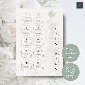 Puede incluir: Impresión beige con una ilustración de novia y texto en alemán. Presenta una cuenta regresiva para un vestido de novia, un icono de levantamiento de pesas y el texto "Positive Abnehm-Vibes" y "10 KG".