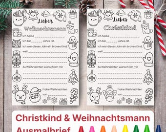 Op de afbeelding: Twee kerstkleurplaten met de tekst "Lieber Weihnachtsmann" en "Liebes Christkind". Elke pagina heeft invulvakken en feestelijke illustraties. Een banner hieronder luidt "Christkind & Weihnachtsmann Ausmalbrief". Kleurpotloden staan onderaan.