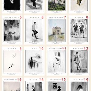 Puede incluir: Una colección de dieciséis grabados artísticos en blanco y negro. Cada grabado presenta una representación artística única de diversas escenas, incluyendo paisajes, figuras y composiciones abstractas. El nombre del artista, David Martinez, está impreso en la parte inferior de cada grabado.