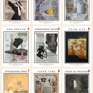 Könnte beinhalten: Eine Sammlung von neun abstrakten Kunstdrucken. Jeder Druck zeigt einzigartige Bilder, darunter Figuren, Stillleben und architektonische Elemente. Die Drucke tragen Titel wie „Above Me“ und „Fixed Time“. Der Name und die Website des Künstlers sind unten angegeben.