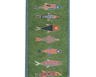Koi Fish Runner Rug: Green Colourful Carpet Handmade Wool Area Rug