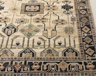 Handgeknüpfter Wollteppich, Vintage Beige & Schwarzer Orientteppich