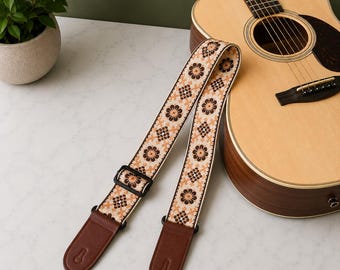Brown Floral Embroidered Guitar Strap