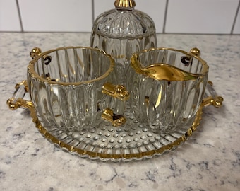Jeanette Glass National Pattern geripptes Glas Zucker und Milchkännchen mit Tablett.