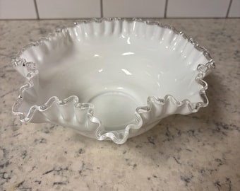 Vintage Fenton Art Glass Silver Crest white milk glass ruffled bowl.