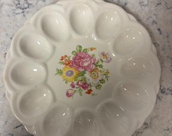 Vintage E&R American Artware ceramic deviled egg plate with floral transfer print.