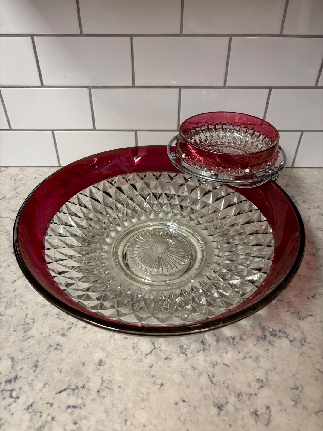 Ruby Diamond Point Vintage Indiana Glass Ruby Diamond Point Chip and Dip Set With Chrome ...
