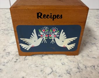Vintage wooden recipe box with hand-painted doves and floral design.