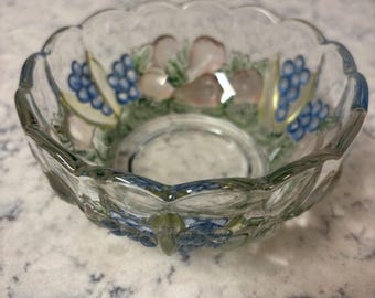 Ciotola vintage in vetro Indiana Glass con decorazioni dipinte a tema frutta e uva.