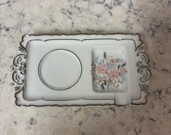 Vintage Limoges Haviland porcelain vanity tray with floral decoration and silver trim.