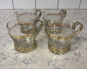 Tazas de café vintage de cristal Libbey de mediados de siglo con diseño de greca dorada. Juego de 4.