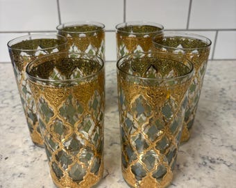 Vasos altos vintage Culver modelo Valencia con detalles en oro de 22 quilates. Juego de 6 unidades.