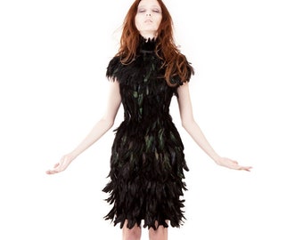 High Fashion Couture Black Iridescent Feather Dress
