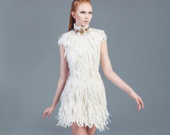 White Feather Couture High Collar Knee Length Bridal Wedding Dress