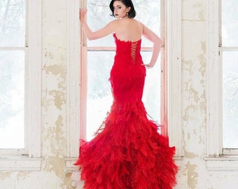 Red Ostrich Feather Mermaid Couture Wedding Dress