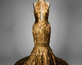 Gold Gilded Feather Couture Mermaid Gown