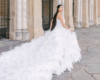 Couture White Ostrich Feather Wedding Gown